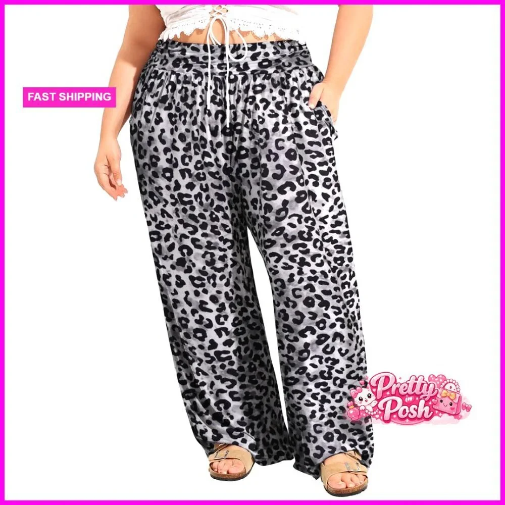 Polyester Wide Leg Palazzo Pants with Elastic Waist and Pockets